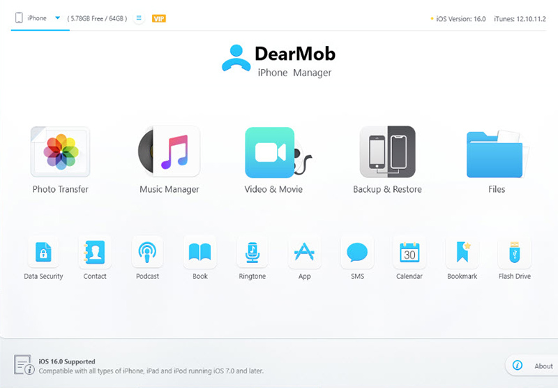 DearMob iPhone Manager Main Interface