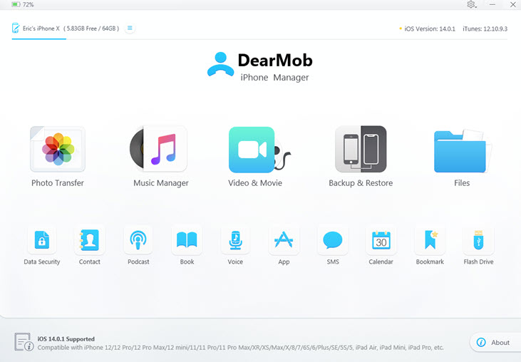 DearMob iPhone Manager Main UI